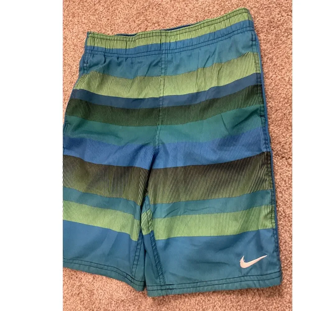 Nike Boys Blue Green Striped Swim Trunks Beach Pool Swimwear, S (8-10 years)